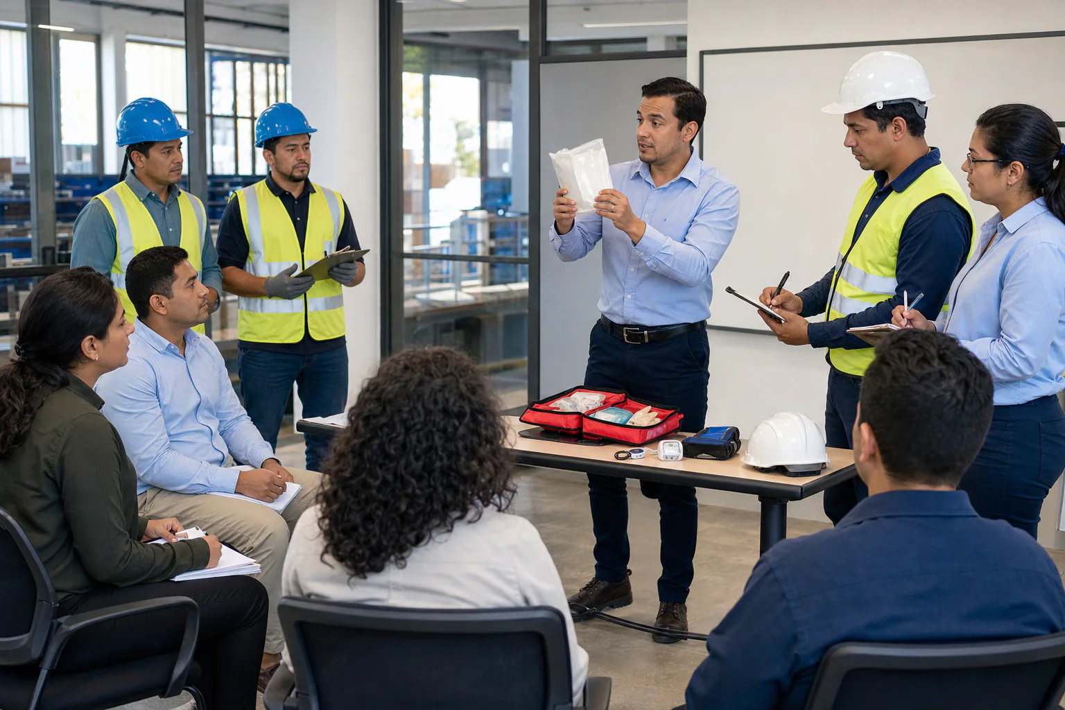 Trabajadores participando en una capacitación empresarial de salud y seguridad ocupacional