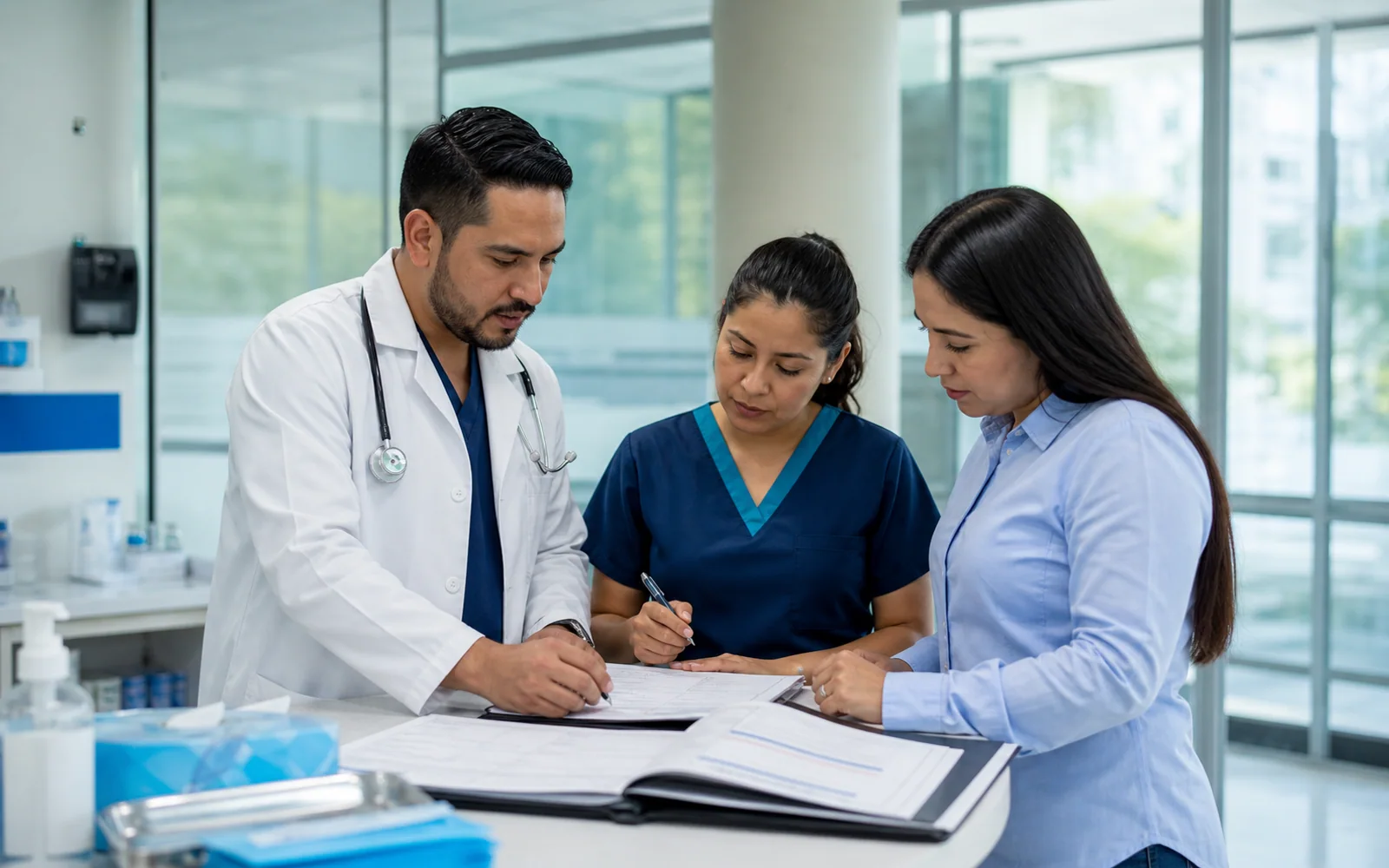 Equipo médico coordinando la atención de una clínica empresarial