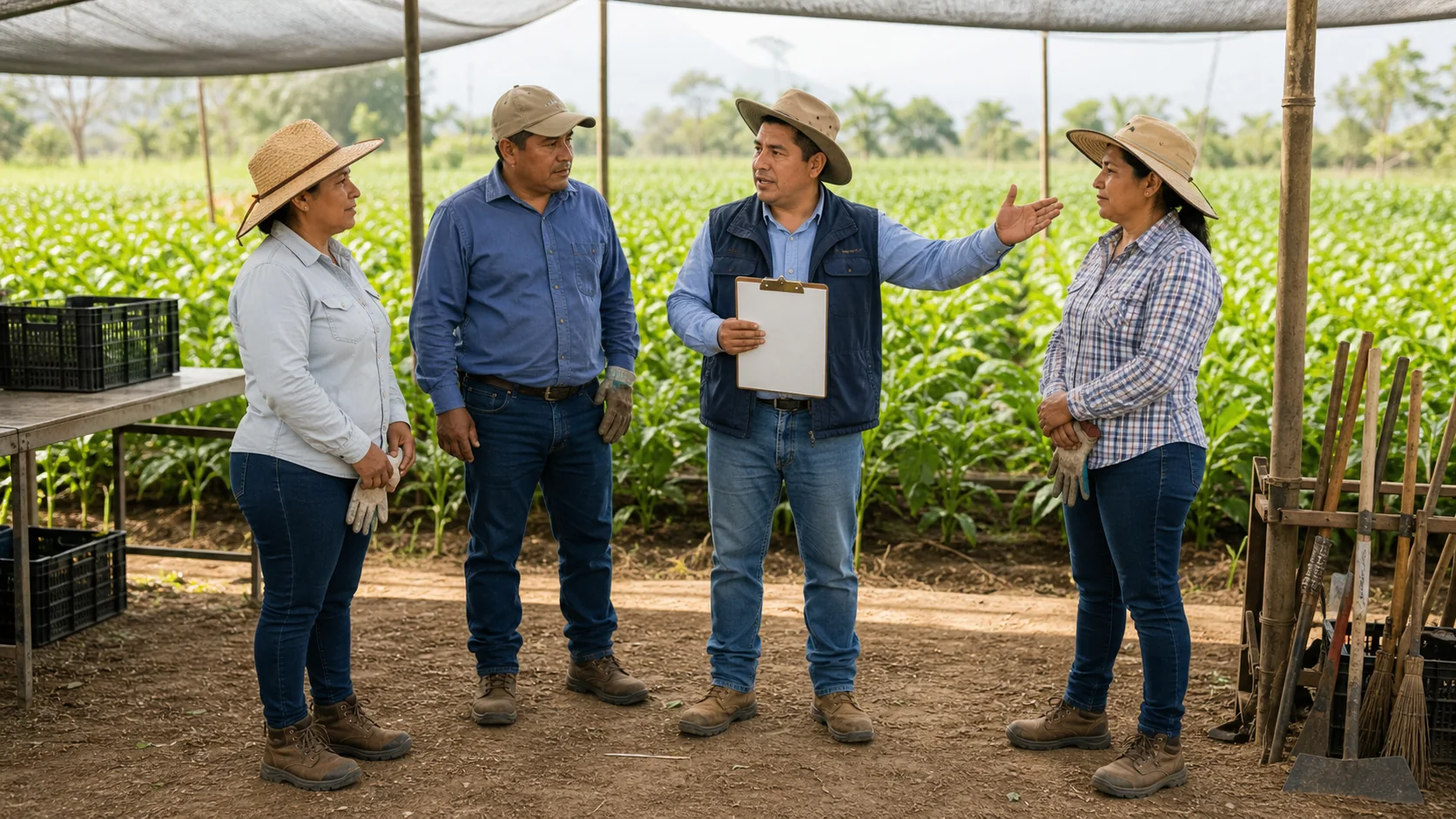 Trabajadores latinoamericanos y un supervisor conversando en un área agrícola segura y ordenada.