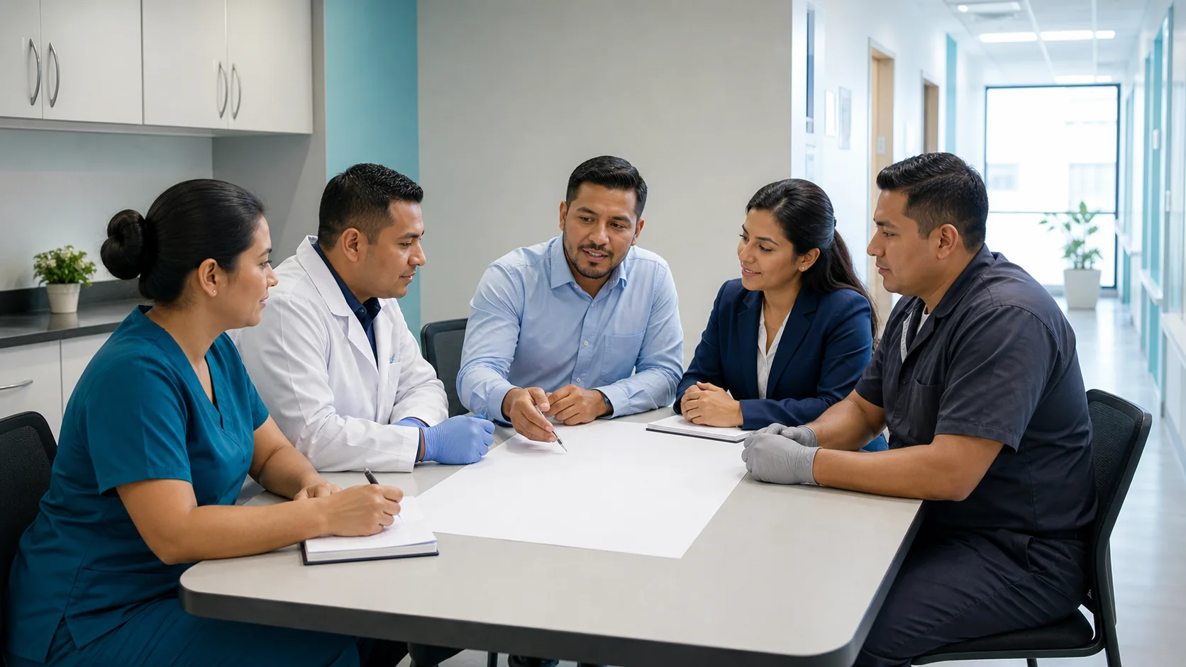 Equipo sanitario latinoamericano participando en una capacitación multidisciplinaria en un entorno clínico limpio.