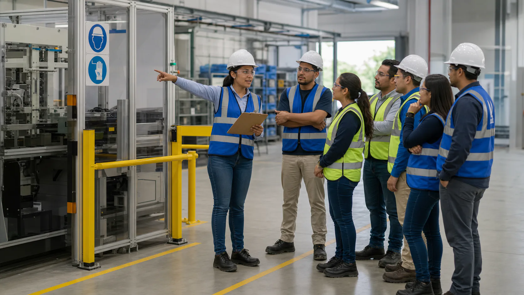 Instructor capacita a trabajadores para observar e identificar peligros en un entorno industrial.