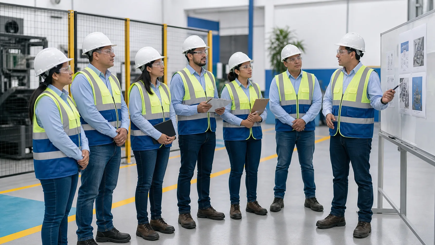 Capacitación empresarial de salud y seguridad ocupacional con trabajadores participando en una actividad preventiva.