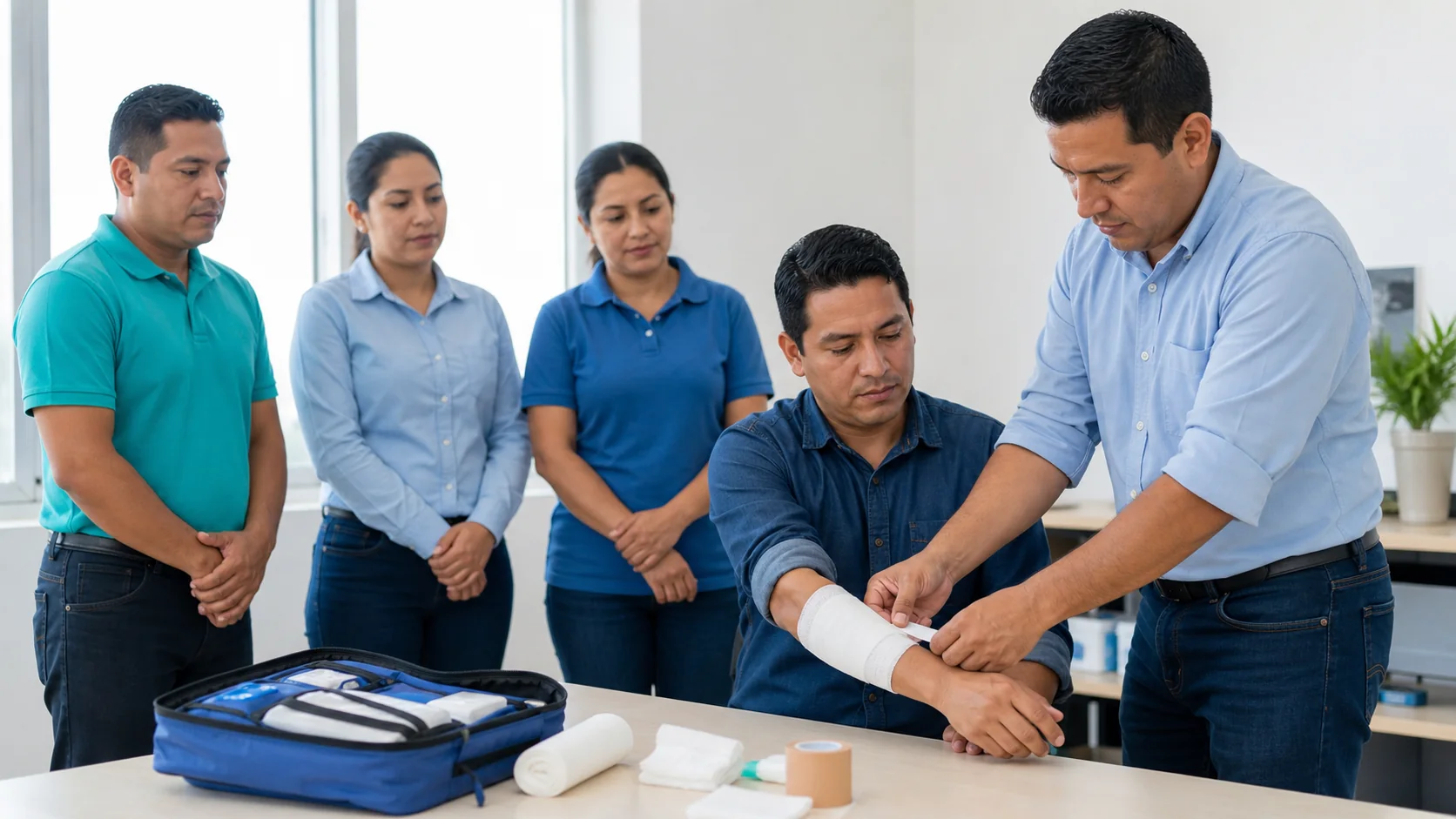 Instructor demuestra un vendaje durante una capacitación de Primeros Auxilios para trabajadores.