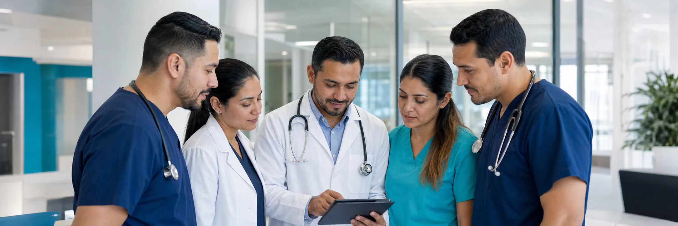Equipo latino de profesionales médicos trabajando en conjunto