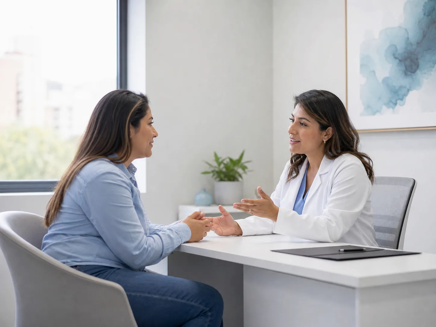 Profesional médica conversando con una paciente durante una consulta
