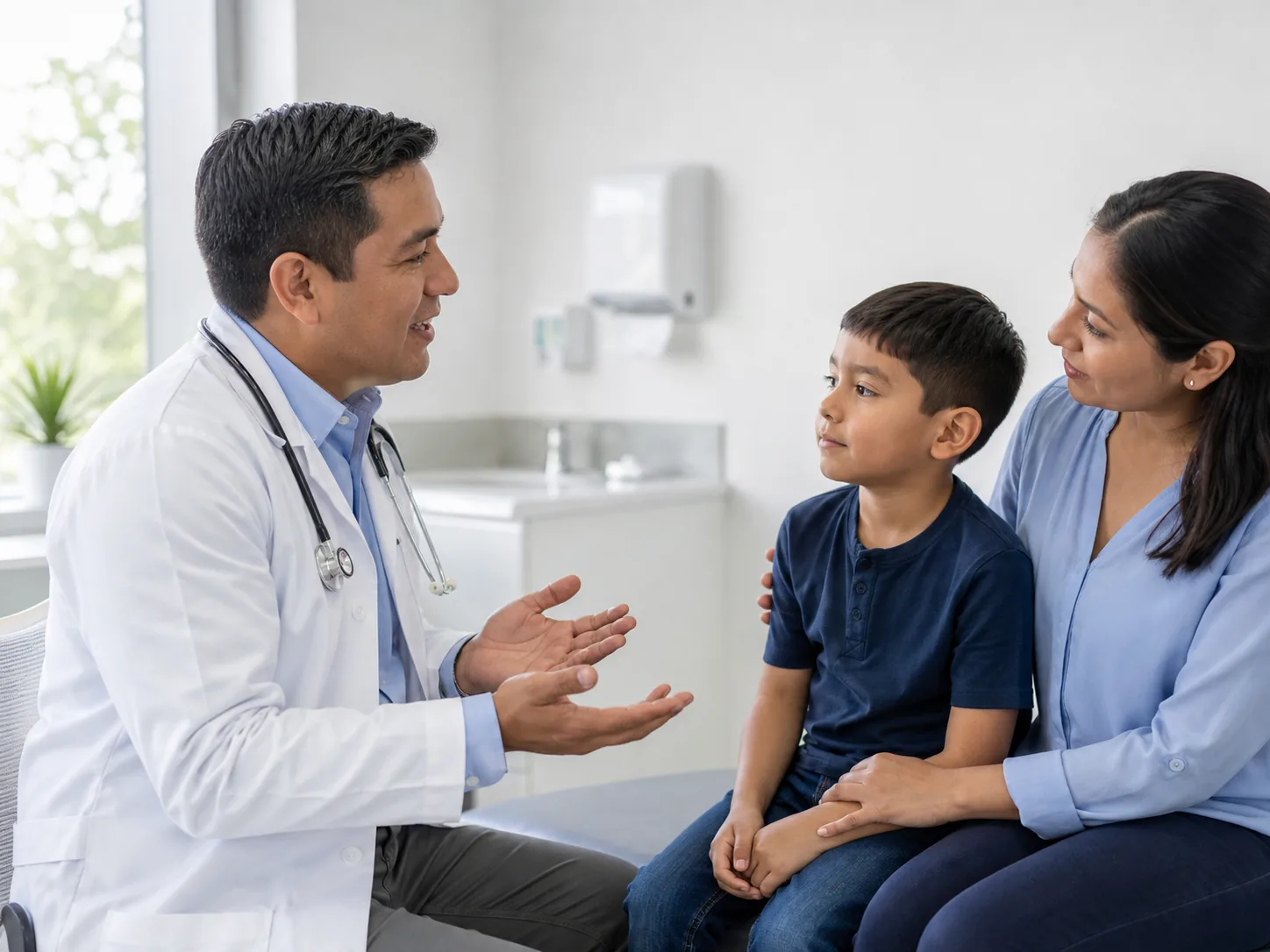 Profesional médico conversando con una familia durante una consulta