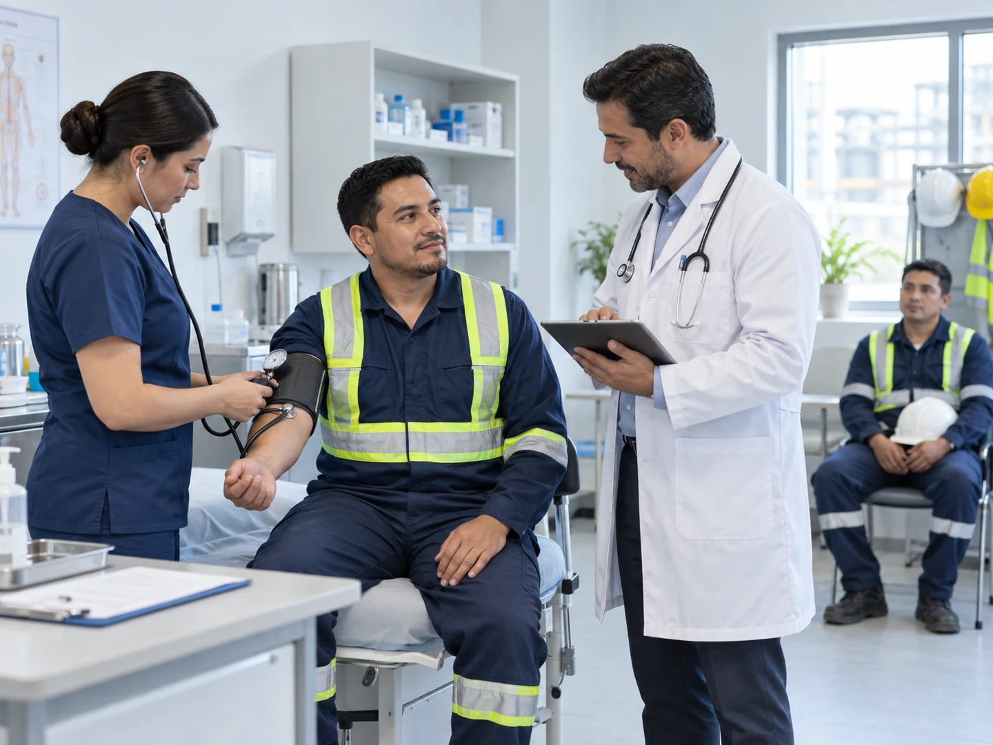 Enfermera tomando signos vitales a un colaborador industrial mientras un médico registra la atención en una tableta