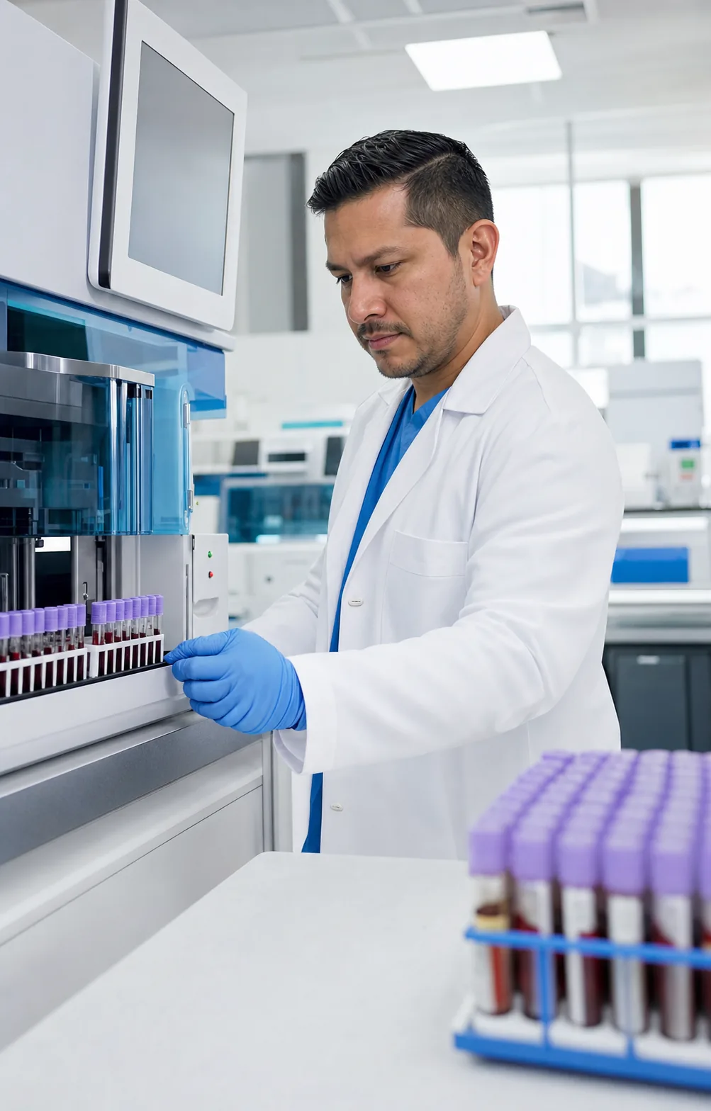 Profesional de laboratorio clínico trabajando con equipo de análisis