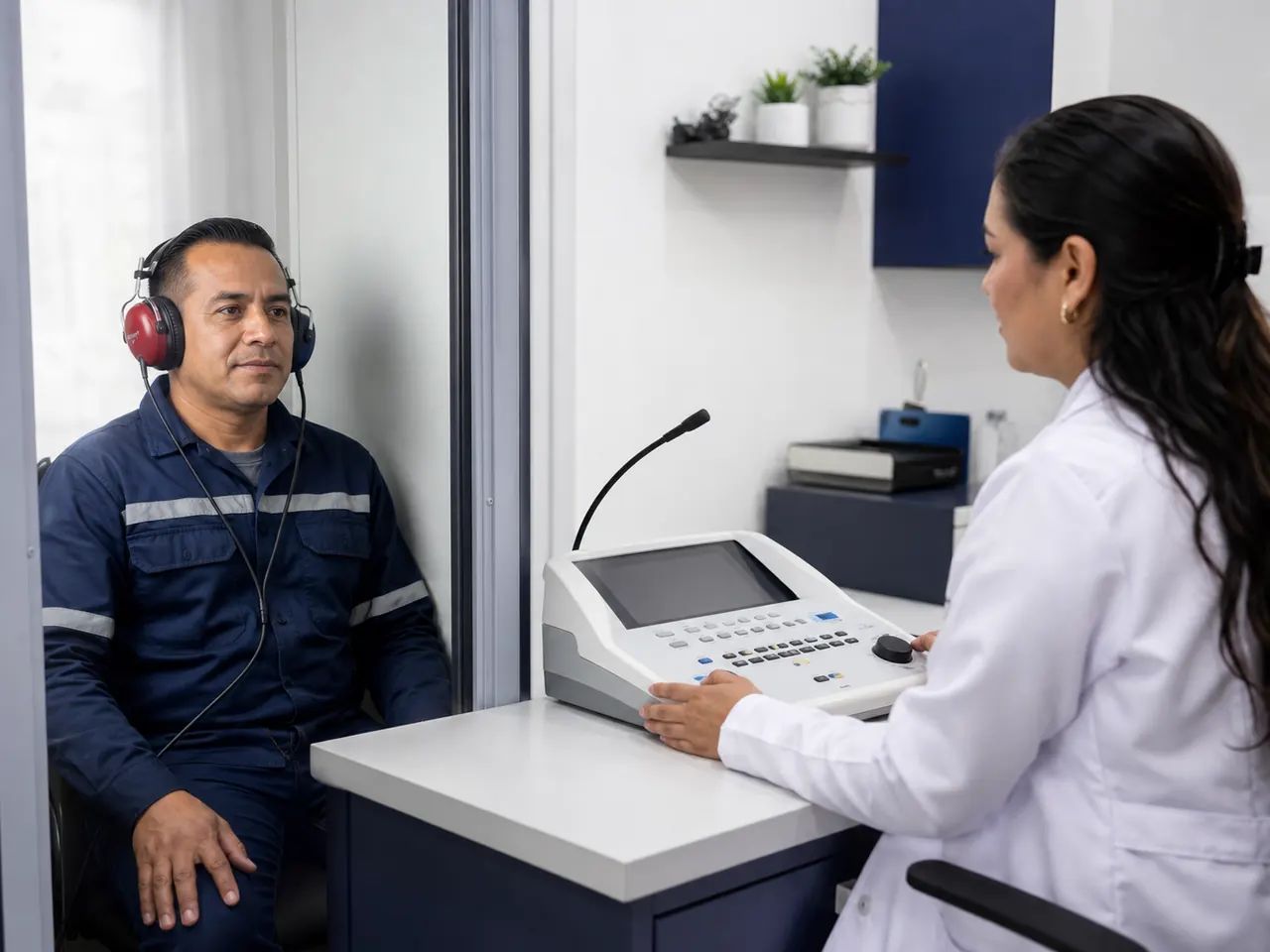 Trabajador realizando una audiometría ocupacional con acompañamiento profesional