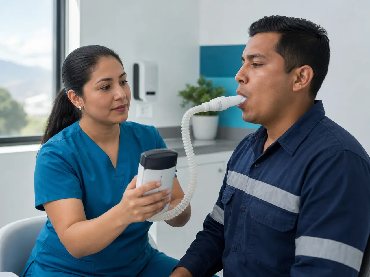 Profesional guiando a un trabajador durante una espirometría ocupacional