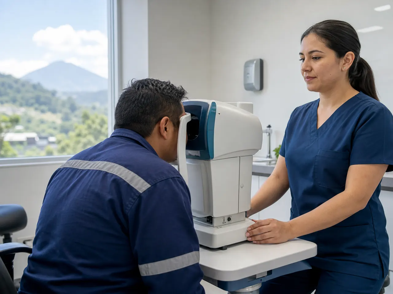 Trabajador realizando una visiometría ocupacional con acompañamiento profesional